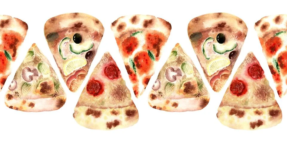 Watercolor seamless border with different types of fresh pizza Stock Illustration