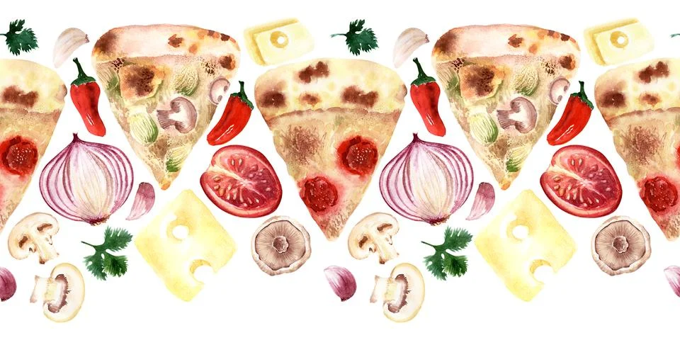 Watercolor seamless border with different types of fresh pizza Stock Illustration