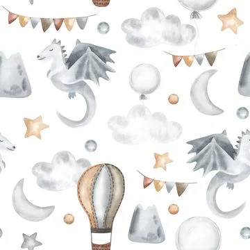 Watercolor seamless color repeating pattern with dragon. Childish with hand Stock Illustration