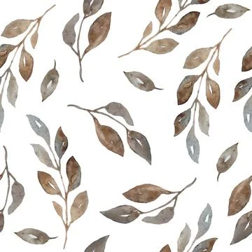 Watercolor seamless hand drawn pattern of grey gray brown neutral faded leaves Stock Illustration