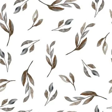 Watercolor seamless hand drawn pattern of grey gray brown neutral faded leaves Stock Illustration
