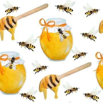 Watercolor seamless hand drawn pattern with bumble bees, nature natural insects Illustrazione stock