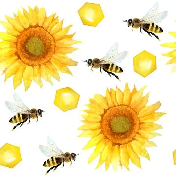 Watercolor seamless hand drawn pattern with bumble bees, nature natural insects Illustrazione stock