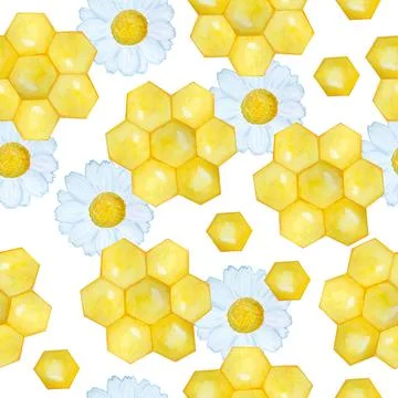 Watercolor seamless hand drawn pattern with yellow honeycomb geometric abstract Stock Illustration