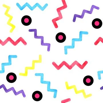 Watercolor seamless hand drawn pattern of 90s 80s memphis abstract style. Bright Stock Illustration