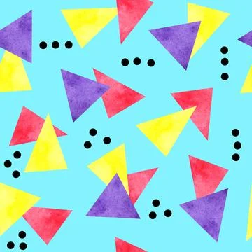 Watercolor seamless hand drawn pattern of 90s 80s memphis abstract style. Bright Stock Illustration
