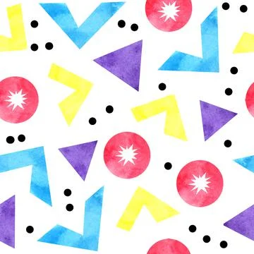 Watercolor seamless hand drawn pattern of 90s 80s memphis abstract style. Bright Stock Illustration