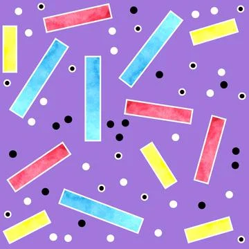 Watercolor seamless hand drawn pattern of 90s 80s memphis abstract style. Bright 스톡 일러스트