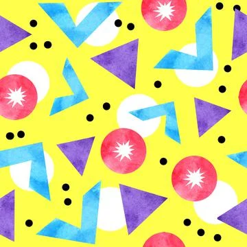 Watercolor seamless hand drawn pattern of 90s 80s memphis abstract style. Bright Stock Illustration