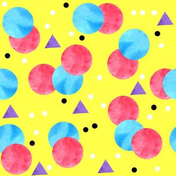 Watercolor seamless hand drawn pattern of 90s 80s memphis abstract style. Bright Stock Illustration