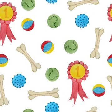 Watercolor seamless hand drawn pattern with puppy dog animal top medal award Stock-Illustration