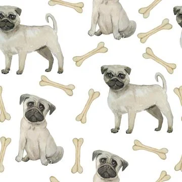 Watercolor seamless hand drawn pattern with pugs dogs breed isolated on white Stock Illustration