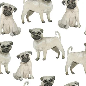 Watercolor seamless hand drawn pattern with pugs dogs breed isolated on white Stock Illustration