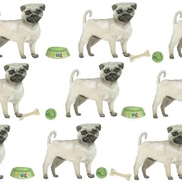 Watercolor seamless hand drawn pattern with pugs dogs breed isolated on white Stock Illustration