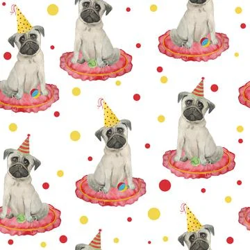 Watercolor seamless hand drawn pattern with pugs dogs breed isolated on white Stock Illustration