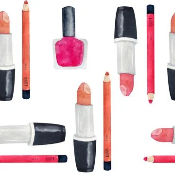 Watercolor seamless hand drawn pattern with girl woman lipsticks nail polish lip Stock Illustration