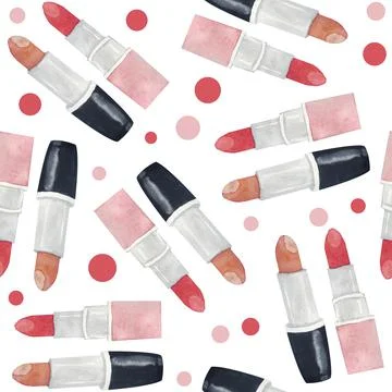Watercolor seamless hand drawn pattern with girl woman lipsticks. Design with Stock Illustration