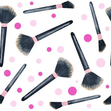 Watercolor seamless hand drawn pattern with girl woman make up brushes polka dot 스톡 일러스트