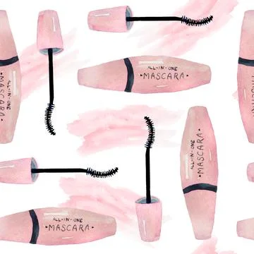 Watercolor seamless hand drawn pattern with girl woman mascara tube for eye Stock Illustration