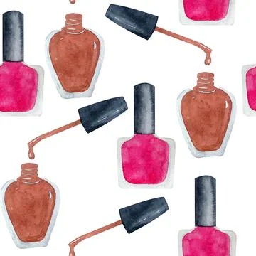 Watercolor seamless hand drawn pattern with girl woman nail polish bottles Stock Illustration