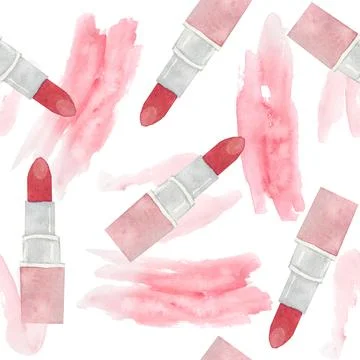 Watercolor seamless hand drawn pattern with girl woman lipsticks. Design with Stock Illustration