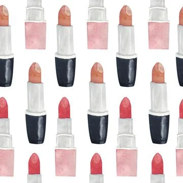 Watercolor seamless hand drawn pattern with girl woman lipsticks. Design with Stock Illustration