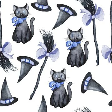 Watercolor seamless hand drawn pattern illustration with witch black cat broom 스톡 일러스트