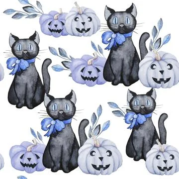 Watercolor seamless hand drawn pattern with witch cat bue pumknins and floral Illustrazione stock