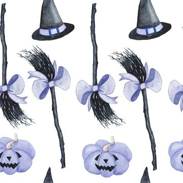 Watercolor seamless hand drawn pattern illustration with witch black broom hat Stock Illustration