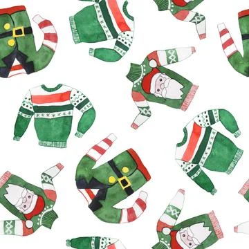 Watercolor seamless hand drawn pattern with Christmas ugly sweater jumper. Red Stock Illustration