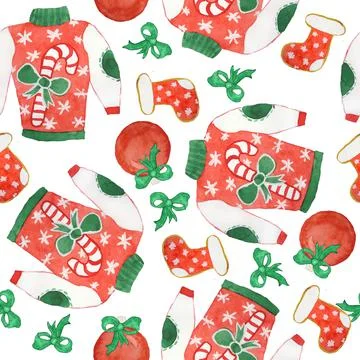 Watercolor seamless hand drawn pattern with Christmas ugly sweater jumper. Red Stock Illustration