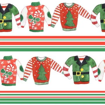 Watercolor seamless hand drawn pattern with Christmas ugly sweater jumper. Red Stock Illustration