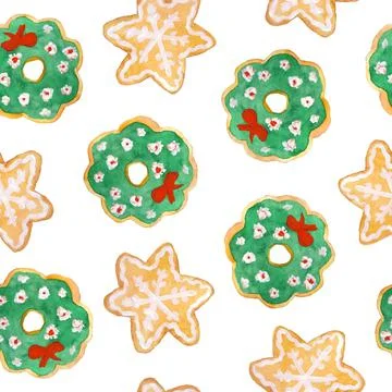 Watercolor seamless hand drawn pattern with Christmas cookies new year food Stock Illustration