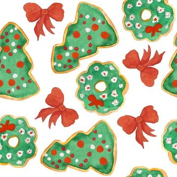 Watercolor seamless hand drawn pattern with Christmas cookies new year food Stock Illustration