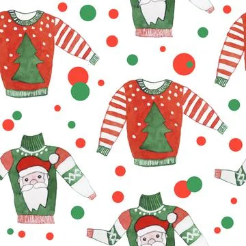 Watercolor seamless hand drawn pattern with Christmas ugly sweater jumper. Red Stock Illustration