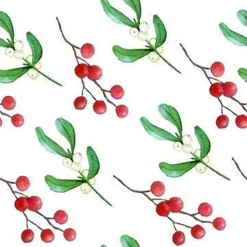 Watercolor seamless hand drawn pattern with Christmas plants holly pine spruce Stock Illustration