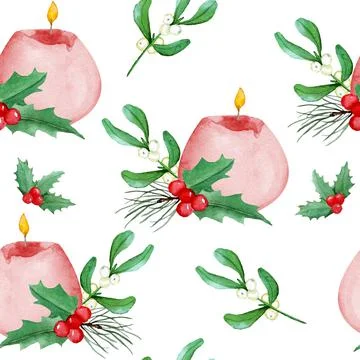Watercolor seamless hand drawn pattern with Christmas plants holly pine spruce Stock Illustration