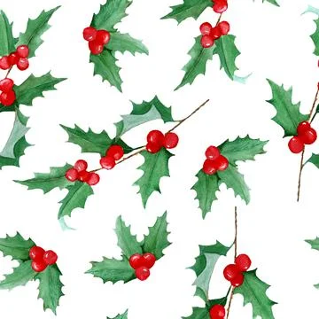 Watercolor seamless hand drawn pattern with Christmas plants holly pine spruce Stock Illustration