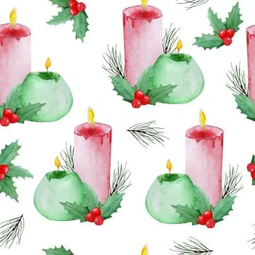 Watercolor seamless hand drawn pattern with Christmas plants holly pine spruce Illustrazione stock