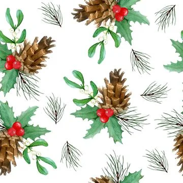 Watercolor seamless hand drawn pattern with Christmas plants holly pine spruce Stock Illustration