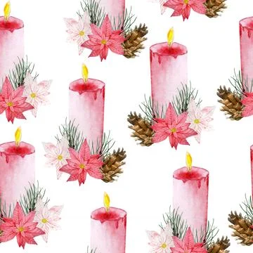 Watercolor seamless hand drawn pattern with pink red poinsettia flower Stock Illustration