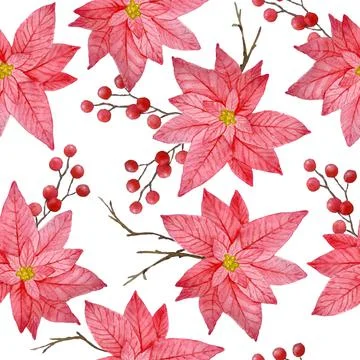 Watercolor seamless hand drawn pattern with pink red poinsettia flower Stock Illustration