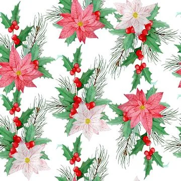 Watercolor seamless hand drawn pattern with pink red poinsettia flower Stock Illustration