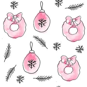 Watercolor seamless hand drawn pattern with pink Christmas elements, modern boho Stock Illustration