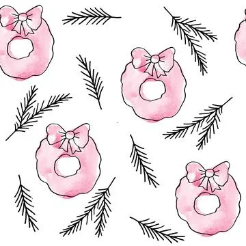 Watercolor seamless hand drawn pattern with pink Christmas elements, modern boho Illustrazione stock