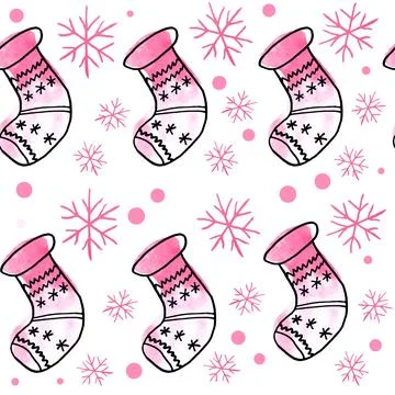 Watercolor seamless hand drawn pattern with pink Christmas elements, modern boho Stockillustratie