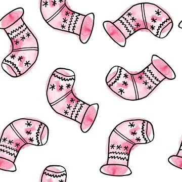 Watercolor seamless hand drawn pattern with pink Christmas elements, modern boho Illustrazione stock