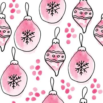 Watercolor seamless hand drawn pattern with pink Christmas elements, modern boho Illustrazione stock