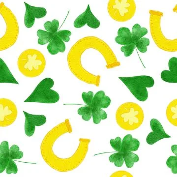 Watercolor seamless hand drawn pattern St Patrick's Day background, green irish Stock Illustration