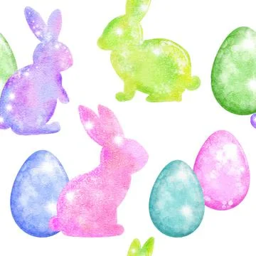 Watercolor seamless hand drawn pattern with Easter eggs bunnies on glitter Stock Illustration